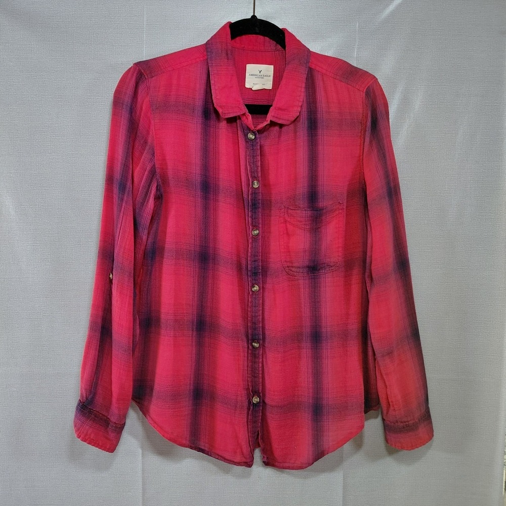 American Eagle Boyfriend Fit Button Up Plaid Shirt Women's XL Red - Picture 1 of 11